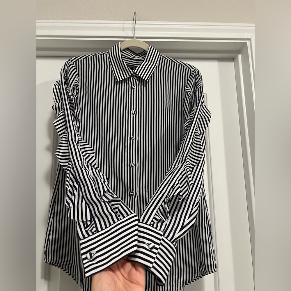 Banana Republic Dillon Black Blouse White Vertical Stripe Button Down Ruffle Top - Picture 5 of 13